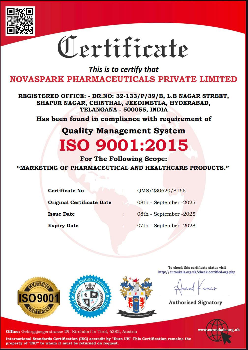 Novaspark ISO 9001:2015 Certificate